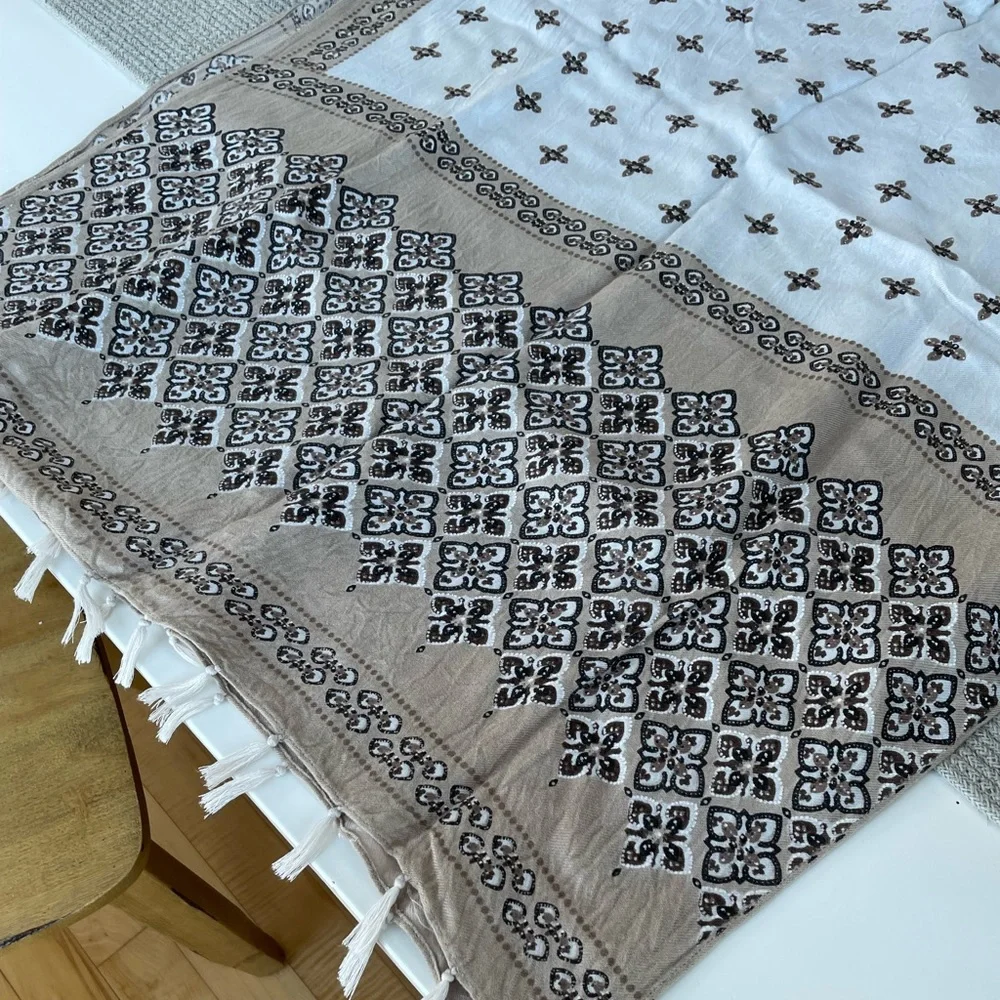 Vintage Tan White Brown Block Print Scarf with Fringe